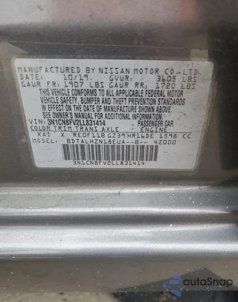 2020 Nissan Versa Sr z USA, uszkodzony, nr VIN 3N1CN8FV2LL831414